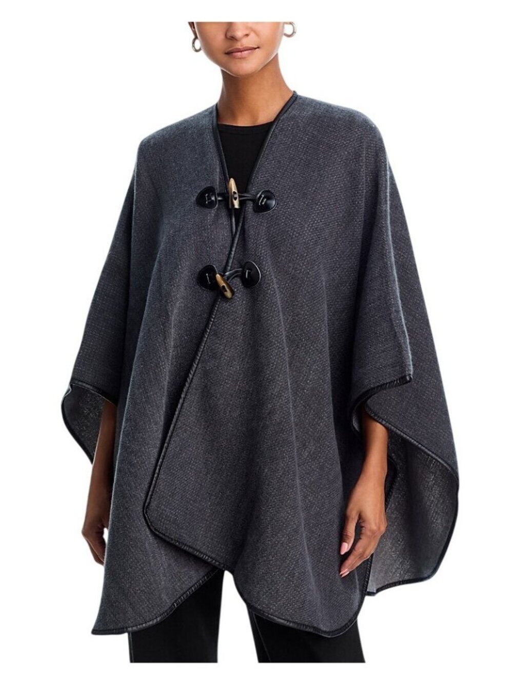 NWT Aqua Woven Reversible Ruana Toggle Faux Leather Trim Charcoal Gray / Black